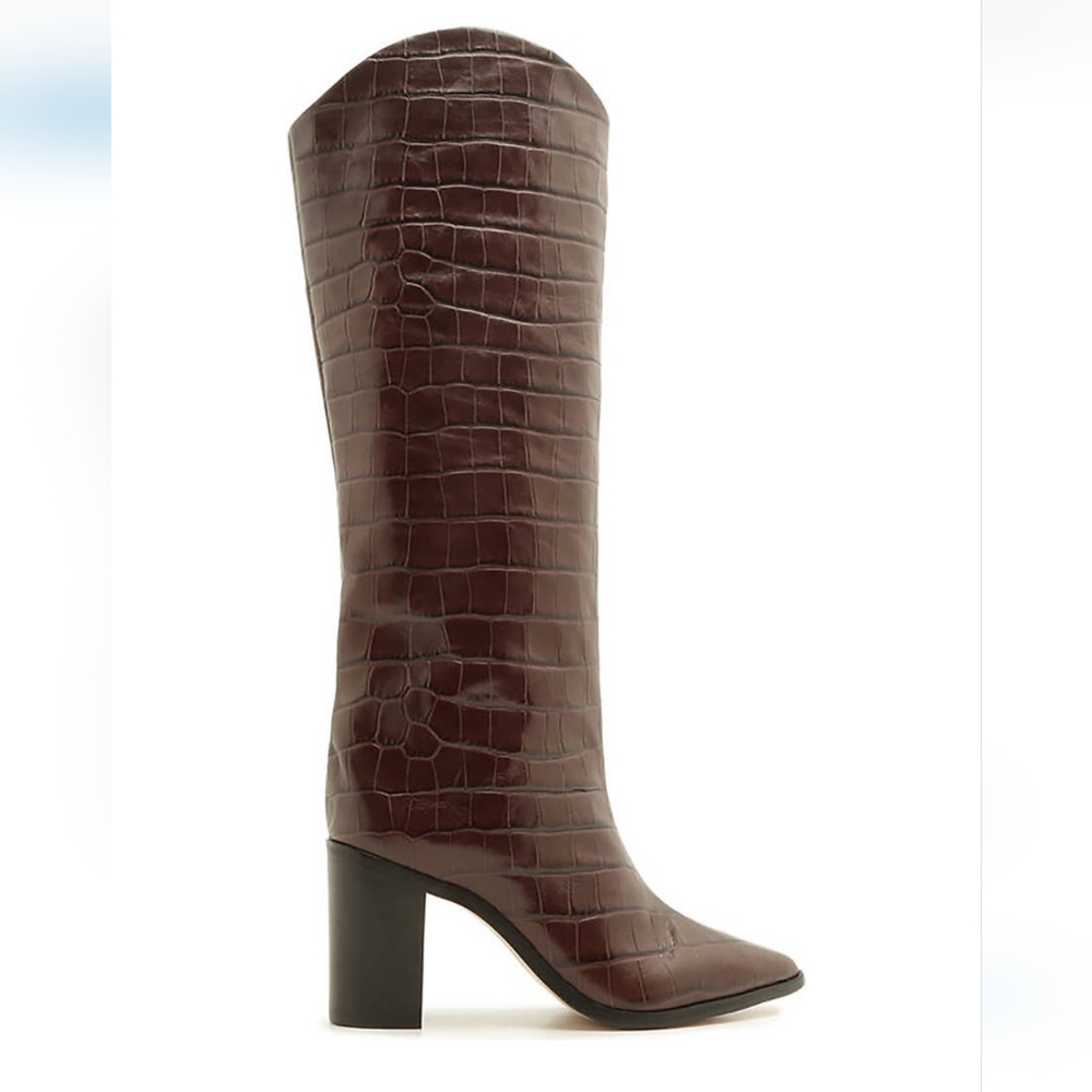 Elegant Brown Croc-Embossed Knee-High Boots